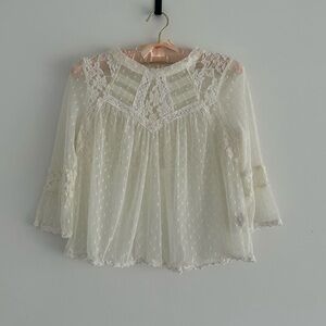 Free People Ivory Sheer Lace Swiss Dot Top 3/4 sleeves Boho Romantic Small
